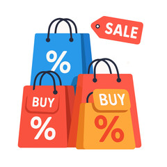 Colorful Shopping Bags with Discount and Promotion Elements on a Clean White Background Perfect for Retail and E commerce Designs