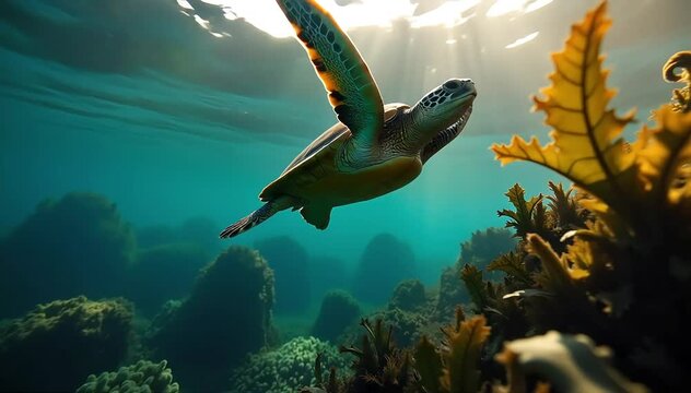 Sea turtle jumping above a wave