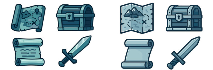 Treasure maps and chests with swords represent adventure and exploration in a fantasy setting