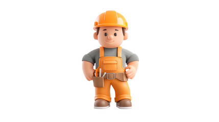 3D cartoon construction worker wearing orange helmet and overalls on transparent background