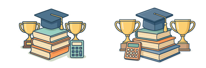 Graduation achievements are celebrated with books, calculators, and trophies in a modern illustration