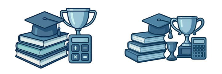 Graduation achievements with books, trophies, and calculator in a learning environment