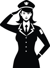 Professional female police officer in uniform saluting with respect and honor a symbol of authority and law enforcement isolated on transparent background