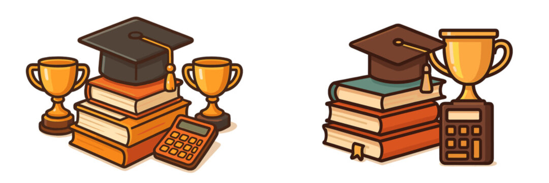 Collection of educational symbols including books, a calculator, and trophies showcasing academic achievement and success