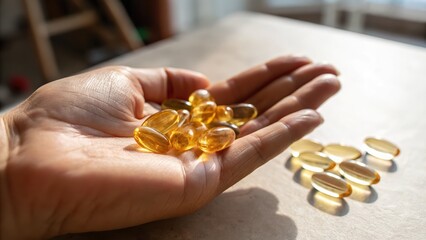 Hand Holding Golden Omega-3 Fish Oil Capsules in Sunlight