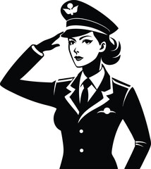 Stylish woman in a pilot uniform and cap saluting with a confident expression presented as a striking black and white illustration isolated on transparent background