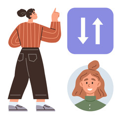 Woman pointing upward, directional arrows symbol for exchange or choice, circular female portrait. Ideal for decision-making, networking, teamwork, communication, leadership, collaboration career