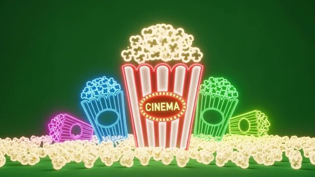 Vibrant neon cinema popcorn buckets glow with dazzling lights and scattered kernels against a deep green backdrop perfect for movie night 4K Ai HD video.

