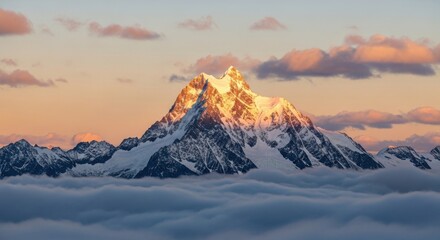 Obraz premium A majestic snow covered mountain peak rising above a sea of clouds during a colorful sunset glow