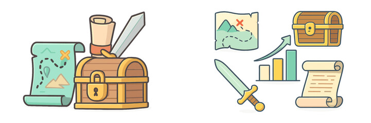 Treasure map and chest design featuring a sword and documents showcasing adventure elements and exploration themes