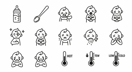 Baby Feeding Problem Line Icon Set – Allergy, Colic, Reflux, Crying, Temperature, Spoon, Discomfort Vector

