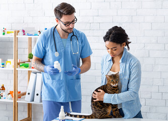 Client with cute tabby cat and male veterinarian in pet clinic