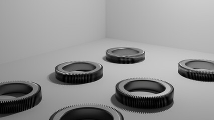 Gears rest on the clean white surface