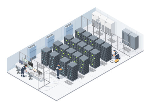 Technicians monitoring and maintaining high performance server infrastructure inside a secure data center facility with modern air cooling systems - Powered by Adobe