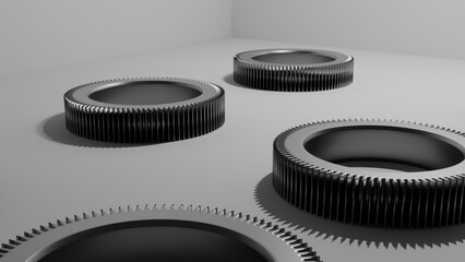 Gears rest on the clean white surface