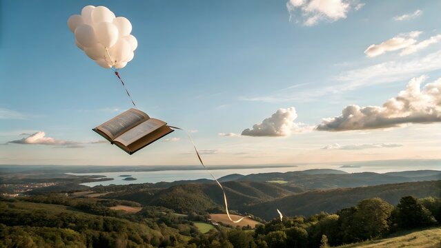 Book Suspended by Balloons Over Landscape
