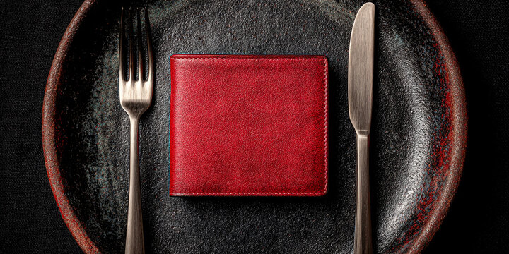 Red leather texture on dark plate, silver fork and knife beside, minimalist table setting, suggesting luxury or fine dining
