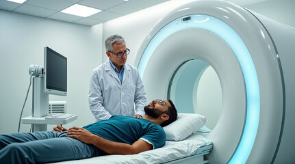 Doctor comforting patient before mri scan in hospital