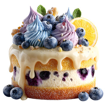 Clean Elegant Realistic 3D cartoon lemon cake with bl  stock photo, PNG cutout, ideal for web design and marketing, graphic design, digital download, creative asset, UI design
