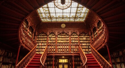 Obraz premium Interior of a Historic Bookstore with Ornate Red Staircase in Porto, Portugal