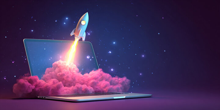 Laptop screen displays rocket launching from pink smoke, symbolizing fast growth, innovation, and digital success, ideal for tech startup concepts