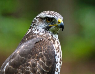 Close-up portrait of a majestic red-tailed hawk, a formidable bird of prey with piercing eyes and intricate brown feathers, embodying the essence of wild nature