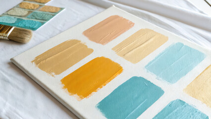 Artistic canvas with swatches of pastel paint and brushes isolated on transparent background