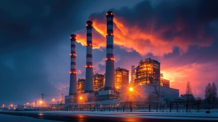 Fototapeta premium Power plant emitting smoke at sunset in winter