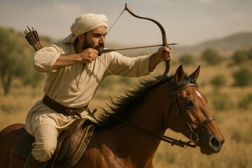 Skilled horse archer demonstrating precision and focus while aiming with traditional bow and arrow from horseback, showcasing equestrian archery skills
