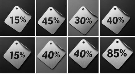 Collection of eight square stickers displaying various percentage values on a grayscale background design