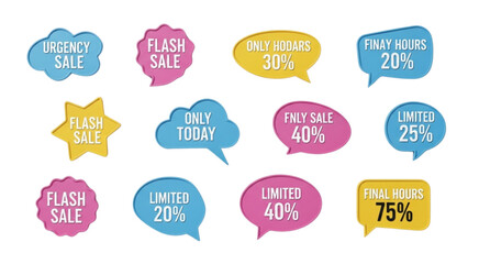 Collection of colorful sale bubbles with different discount percentages and sale announcements displayed