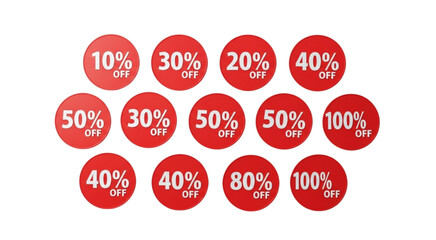 A collection of red circular discount stickers with varying percentages off on a white background view