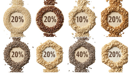 Various seeds and grains arranged in shapes with percentage values on a white background visible above
