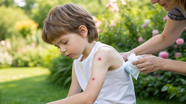 Child Receiving Care for Insect Sting in Garden