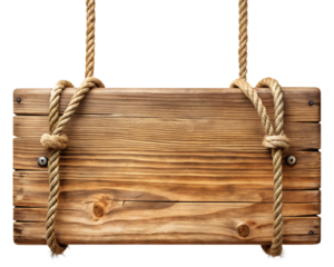 Rustic wooden sign hanging from ropes on transparent background