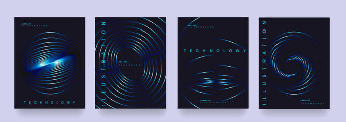 Blue Circle Swirl Line. Abstract Tech Futuristic Background in 80s-90s for Promo, Banner, Poster, Card, Cover. 3d Pattern Vector Illustration in Cyber Concept World Digital Technology. Abstract Signal