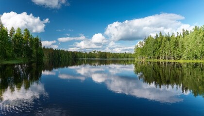 serene finnish lake summer reflections of sky and clouds in lush green forest