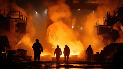 Steelworkers observing molten metal pouring in a foundry at night