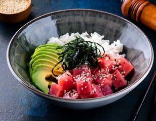 a vibrant hawaiian poke bowl with fresh tuna sushi rice avocado and sesame seeds