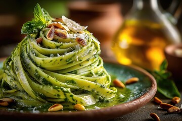 Tagliatelle pasta with pesto sauce, pine nuts and basil leaves