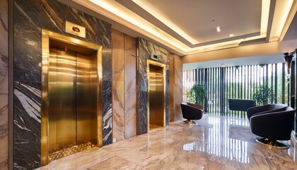 modern lobby with gold elevator and marble walls