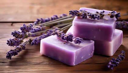 lavender soap bars on rustic wooden surface