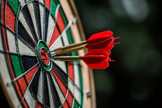 Three red darts hitting the bullseye of dartboard showing success