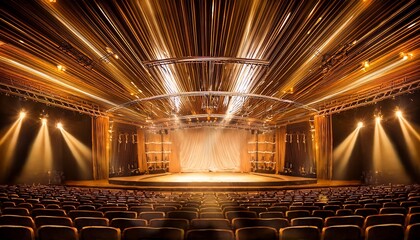 empty stage illuminated concert hall golden light show