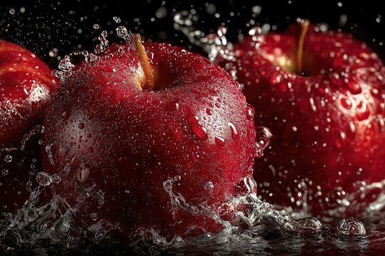 Fresh red apples splashing in water on black background