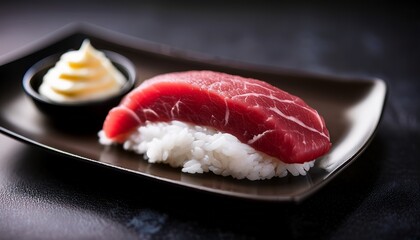 a hyper realistic photo of wagyu beef nigiri on a black ceramic plate the sushi consists of marbled raw wagyu beef draped over seasoned sushi rice topped with a small dollop of white cream