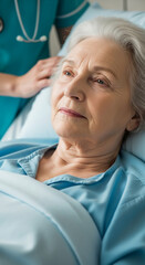 Obraz premium Close-up of elderly woman's face, serene expression, lying in light-blue hospital bed, showing age and wrinkles, conveying peace and vulnerability