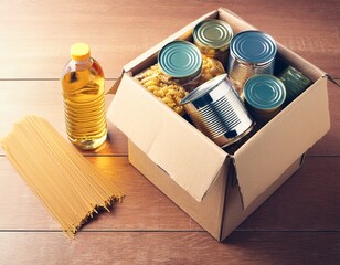 donation box with pasta canned food and oil food aid concept