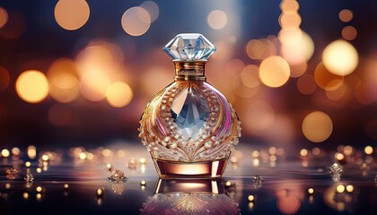 luxurious perfume bottle glittering crystals city lights bokeh