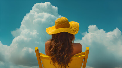 Tourist relaxing on beach chair wearing yellow hat enjoying summer vacation